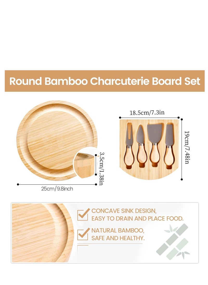 Generic Bamboo Cheese Board and Knife Set, 9.8inch Round Charcuterie Boards, Personalised Serving Platter with Slide-Out Drawers Design, Unique House Warming Gifts, New Home, Picnic，Holiday Gifts  - Image 3