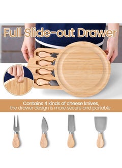 Generic Bamboo Cheese Board and Knife Set, 9.8inch Round Charcuterie Boards, Personalised Serving Platter with Slide-Out Drawers Design, Unique House Warming Gifts, New Home, Picnic，Holiday Gifts  - Image 5