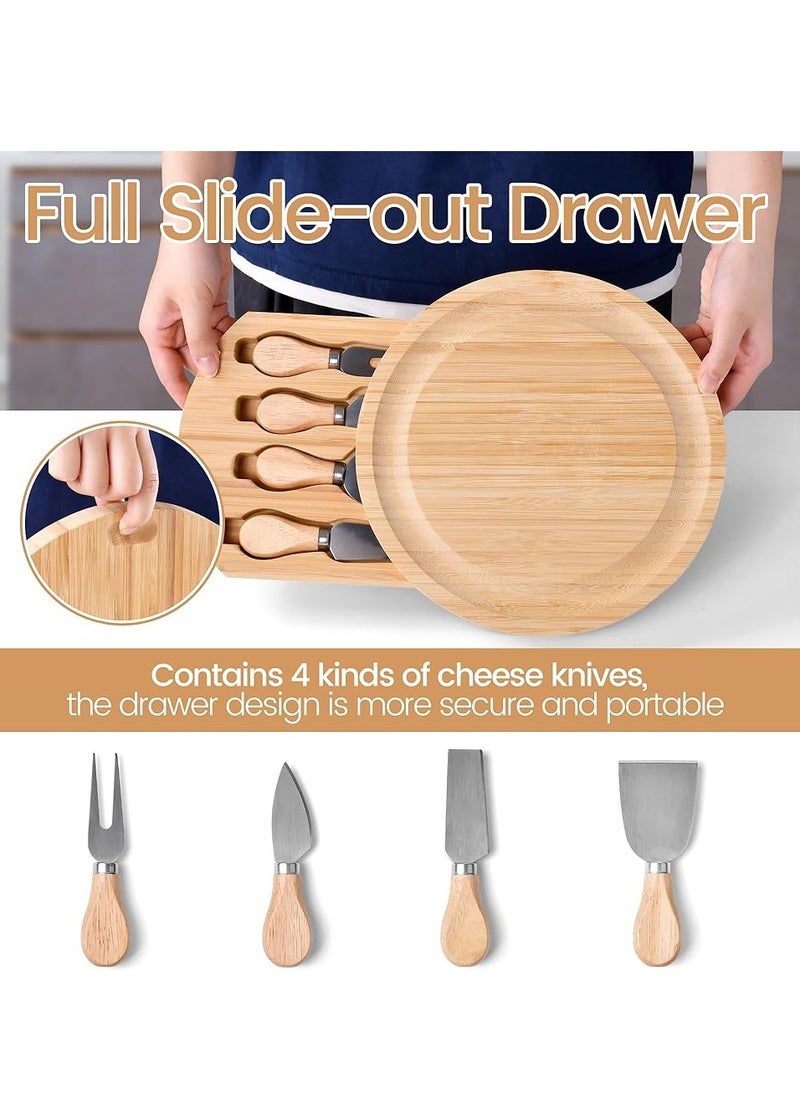 Generic Bamboo Cheese Board and Knife Set, 9.8inch Round Charcuterie Boards, Personalised Serving Platter with Slide-Out Drawers Design, Unique House Warming Gifts, New Home, Picnic，Holiday Gifts  - Image 5