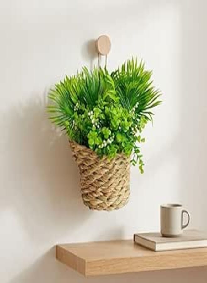 Artificial Plants in Baskets Set of 2 Natural Wicker Braided Plants - Elegant Rustic Bohemian Decor (Wall and Ceiling)