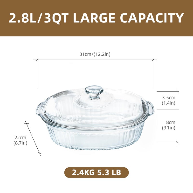 Luvan 2.8L/3Qt Glass Casserole Dish with Lid, Ribbed Oval Glass Baking Dish for Oven & Microwave, Clear Lead-Free Covered Casserole Cookware, Versatile Deep Glasses Food Container for Baking, Cooking - Image 2