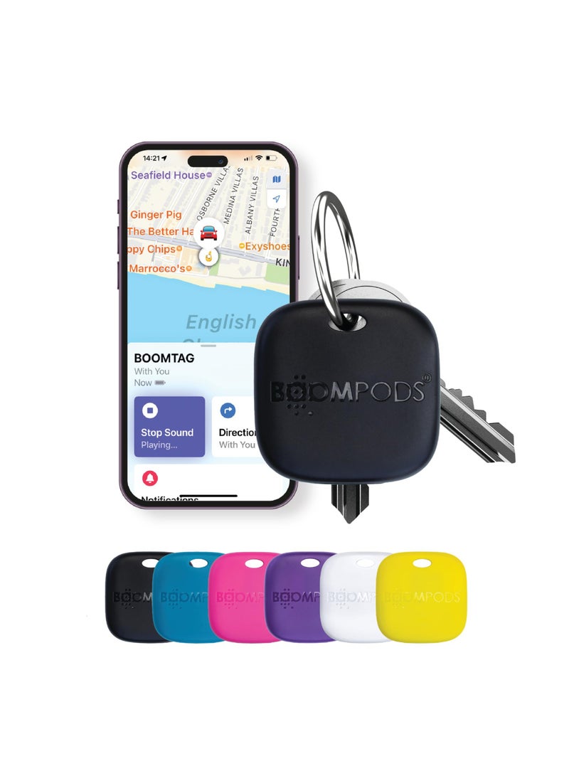 Boompods Boomtag Rechargeable Bluetooth Tracker Tag - Ocean Plastic Smart Tracking Device for Pet, Luggage, Compatible with Apple Find My App, Wallet and Key Finder (Black) - Image 1