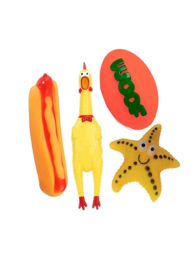 بت مجموعة من 4 ألعاب تفاعلية من المطاط اللاتكس الناعم تصدر أصوات صرير للجرو الصغير - هوت دوج، ودجاجة صغيرة، ولحمة الرجبي، ونجمة البحر - Image 1