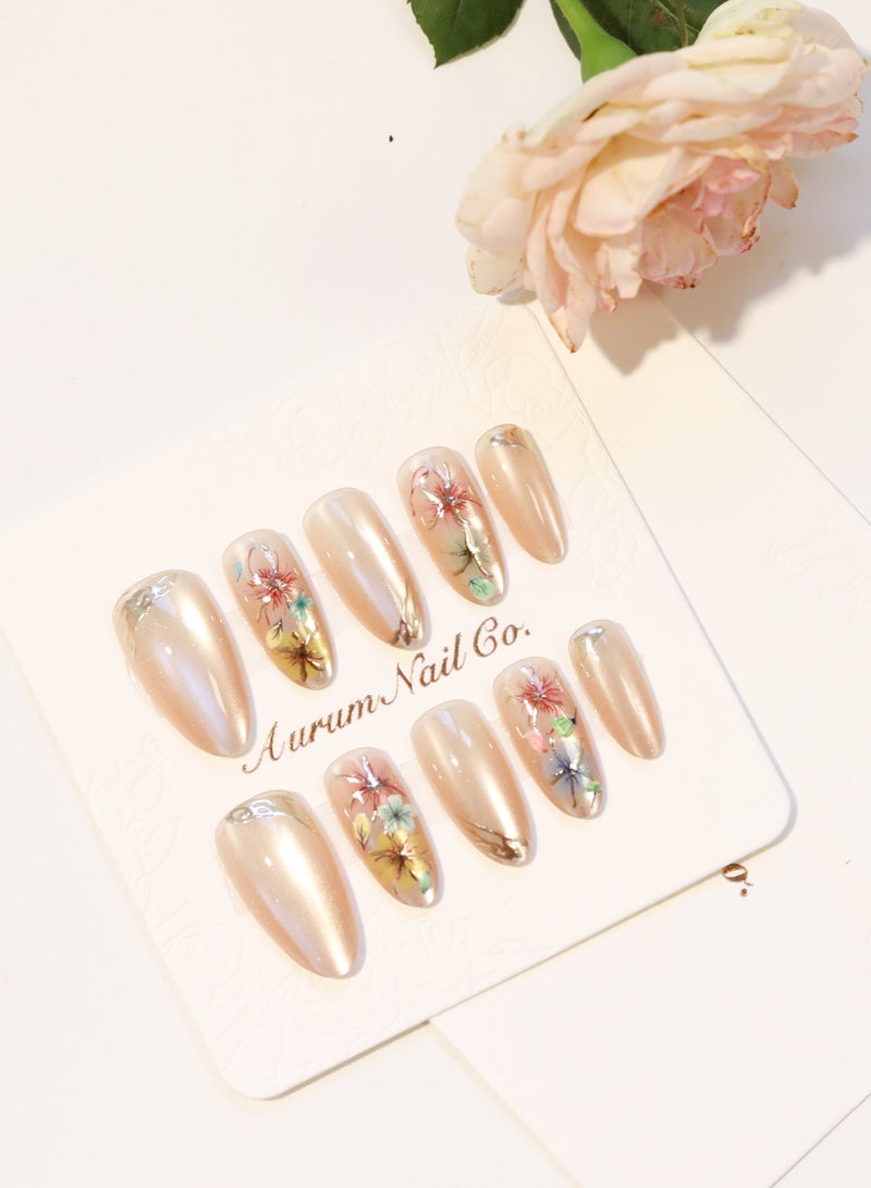 AurumNail AurumNail - Garden Whispers - Medium Oval S - Handmade Press-On Nails - Not Factory-Made Nails -  Perfect For Vacations, Special Occasions, or Wedding Events - Image 1