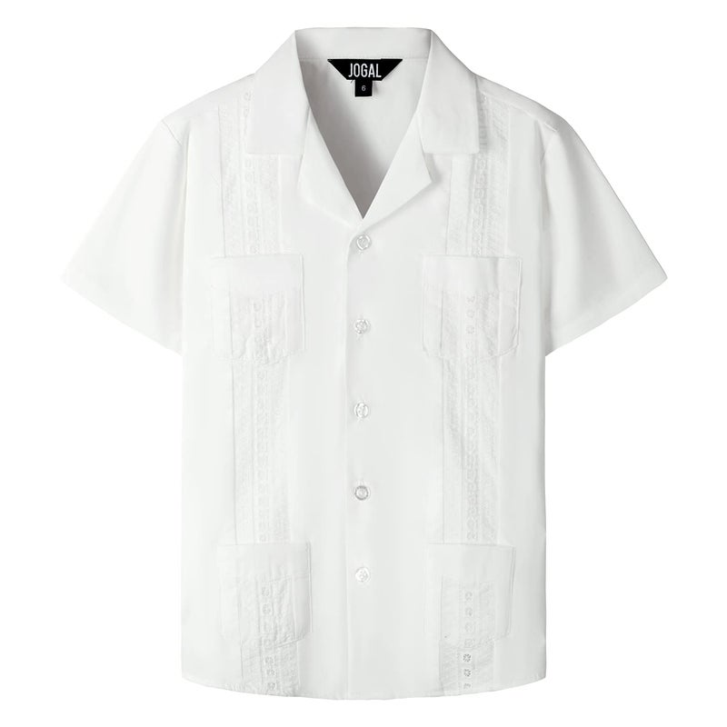 JOGAL Boys Guayabera Shirts Cuban Short Sleeve Casual Button Down Beach Shirt White 12 - Image 1