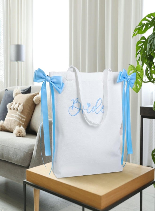 WUBOECE Bride Canvas Tote Bag with Blue Satin Bows - Large Capacity Bridal Purse for Bachelorette Party, Bridal Shower & Wedding Day | Bride-to-Be Gift & Engagement Accessory - Image 3