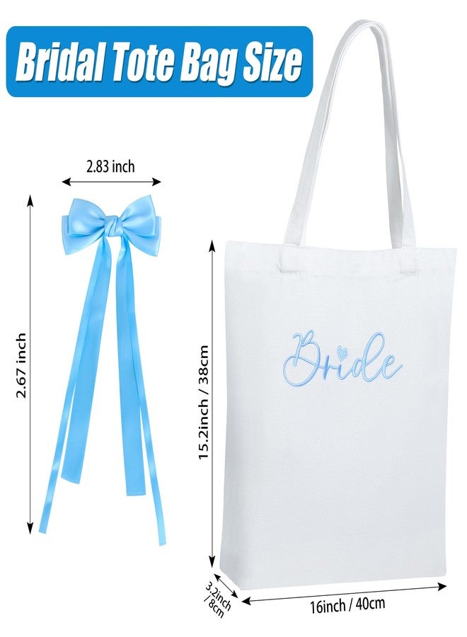 WUBOECE Bride Canvas Tote Bag with Blue Satin Bows - Large Capacity Bridal Purse for Bachelorette Party, Bridal Shower & Wedding Day | Bride-to-Be Gift & Engagement Accessory - Image 4