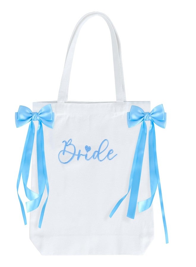 WUBOECE Bride Canvas Tote Bag with Blue Satin Bows - Large Capacity Bridal Purse for Bachelorette Party, Bridal Shower & Wedding Day | Bride-to-Be Gift & Engagement Accessory - Image 1