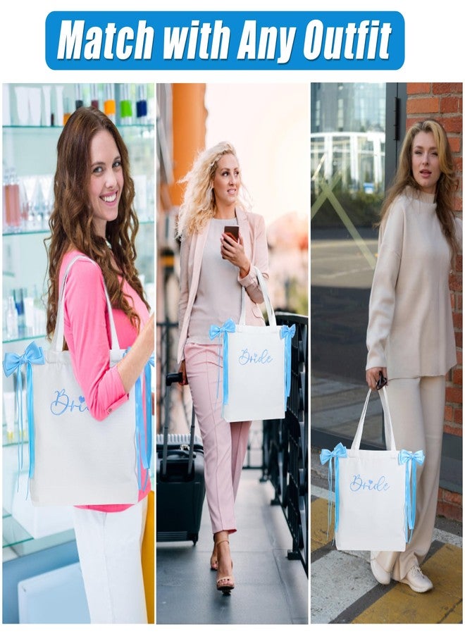 WUBOECE Bride Canvas Tote Bag with Blue Satin Bows - Large Capacity Bridal Purse for Bachelorette Party, Bridal Shower & Wedding Day | Bride-to-Be Gift & Engagement Accessory - Image 2