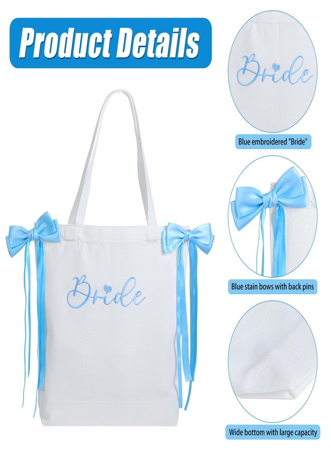 WUBOECE Bride Canvas Tote Bag with Blue Satin Bows - Large Capacity Bridal Purse for Bachelorette Party, Bridal Shower & Wedding Day | Bride-to-Be Gift & Engagement Accessory - Image 5