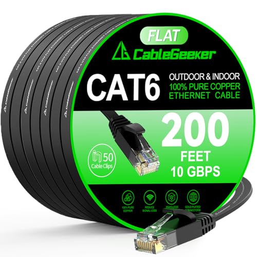 CableGeeker Cat 6 Ethernet Cable 200 ft, High Speed 10Gbps Flat Internet Network Cable, Pure Copper Ethernet Patch Cable Long, Computer LAN Cable with Clips & Straps for Router, Modem, PS4/5, Black - Image 1