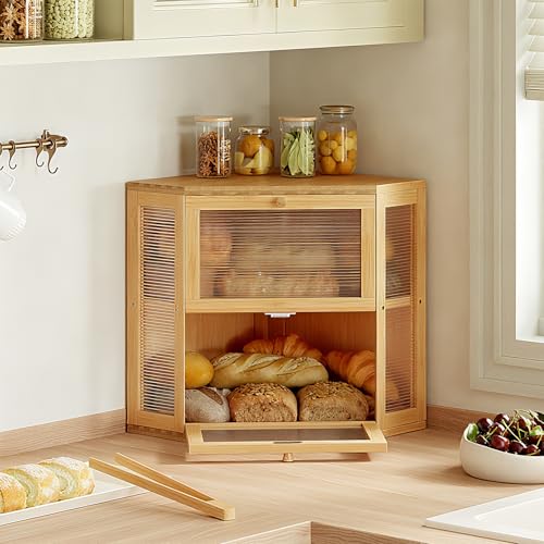 WOWLIVE Corner Bread Box for Kitchen Countertop Double Layer Bamboo Bread Storage Container Large Farmhouse Bread box with Acrylic Wavy Door Panel Under Cabinet Organizer Natural Medium - Image 3