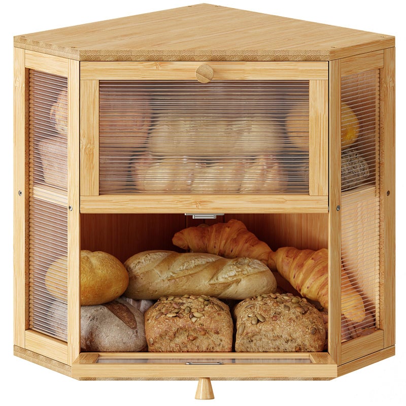 WOWLIVE Corner Bread Box for Kitchen Countertop Double Layer Bamboo Bread Storage Container Large Farmhouse Bread box with Acrylic Wavy Door Panel Under Cabinet Organizer Natural Medium - Image 2