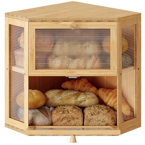 WOWLIVE Corner Bread Box for Kitchen Countertop Double Layer Bamboo Bread Storage Container Large Farmhouse Bread box with Acrylic Wavy Door Panel Under Cabinet Organizer Natural Medium - Image 1