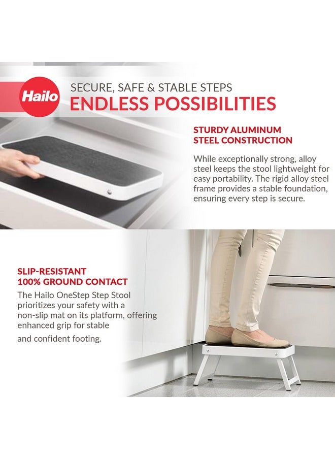 Hailo OneStep | Steel step | One large step with non-skid mat | Folding safety mechanism with unlocking button | Easy storage | Lightweight | White