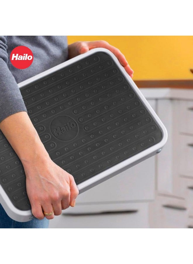 Hailo OneStep | Steel step | One large step with non-skid mat | Folding safety mechanism with unlocking button | Easy storage | Lightweight | White