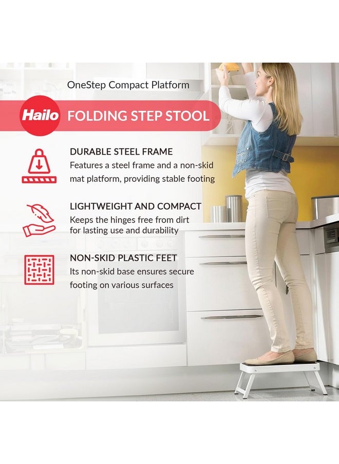 Hailo OneStep | Steel step | One large step with non-skid mat | Folding safety mechanism with unlocking button | Easy storage | Lightweight | White