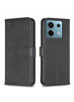 HuHa Case Cover For Xiaomi Redmi Note 13 Pro 5G Four-leaf Embossed Leather Phone Case Black 