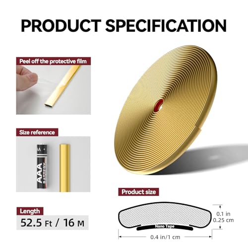 JSIWOTH 52.5 Ft Peel and Stick Wall Molding Trim, Matte Gold Self Adhesive Flexible Trim for Wall, Edges, Borders, Window Frames, Backsplash Tiles, Baseboard & More (W:0.4", T:0.1") - Image 3