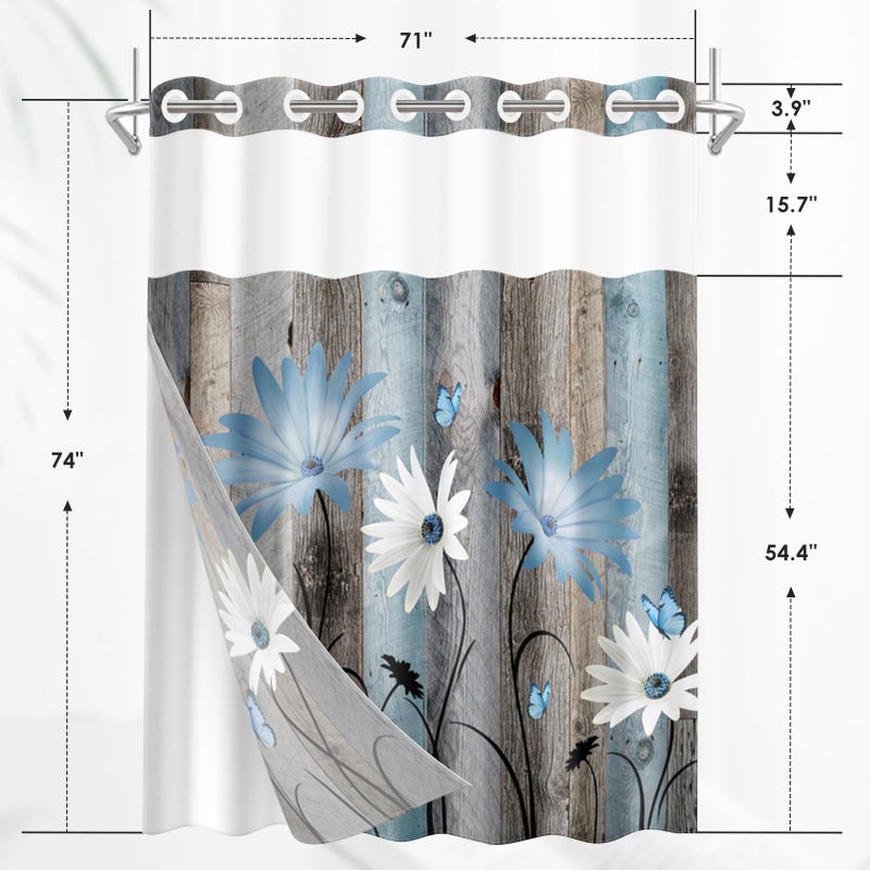 Nesphy No Hook Rustic Farmhouse Shower Curtain with Snap in Fabric Liner Set  Blue Daisy Flowers and Butterfly on Wooden Double Layers Waterproof with See Through Top Bath Curtain 71x74 Inch - Image 2