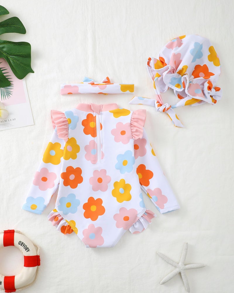 Renotemy Baby Girls Swimsuit 12-18 Months Infant Long Sleeve One-Piece Bathing Suit with Hat 12 Month Swimsuit Girl Gifts White Floral Rash Guard Swimwear Zipper Ruffle Swim Suits Beach Essentials - Image 4
