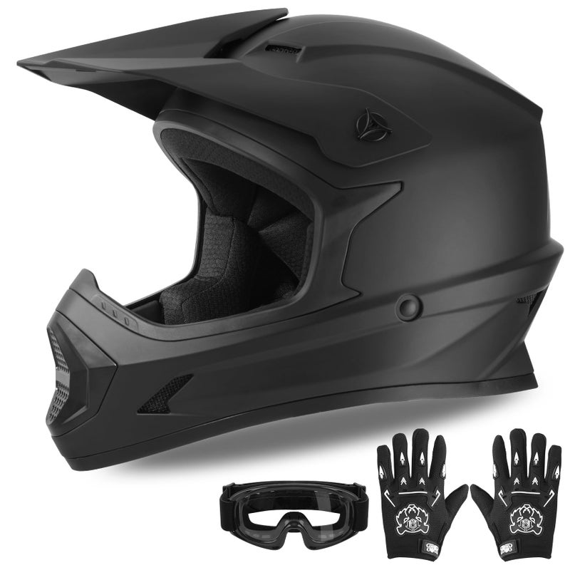 XFMT Kids Dirt Bike Helmet Youth Motorcycle Helmet DOT-Certified Full Face Helmets for Motocross ATV Off-Road Street Bike with Goggles & Gloves, Matte Black Large - Image 1