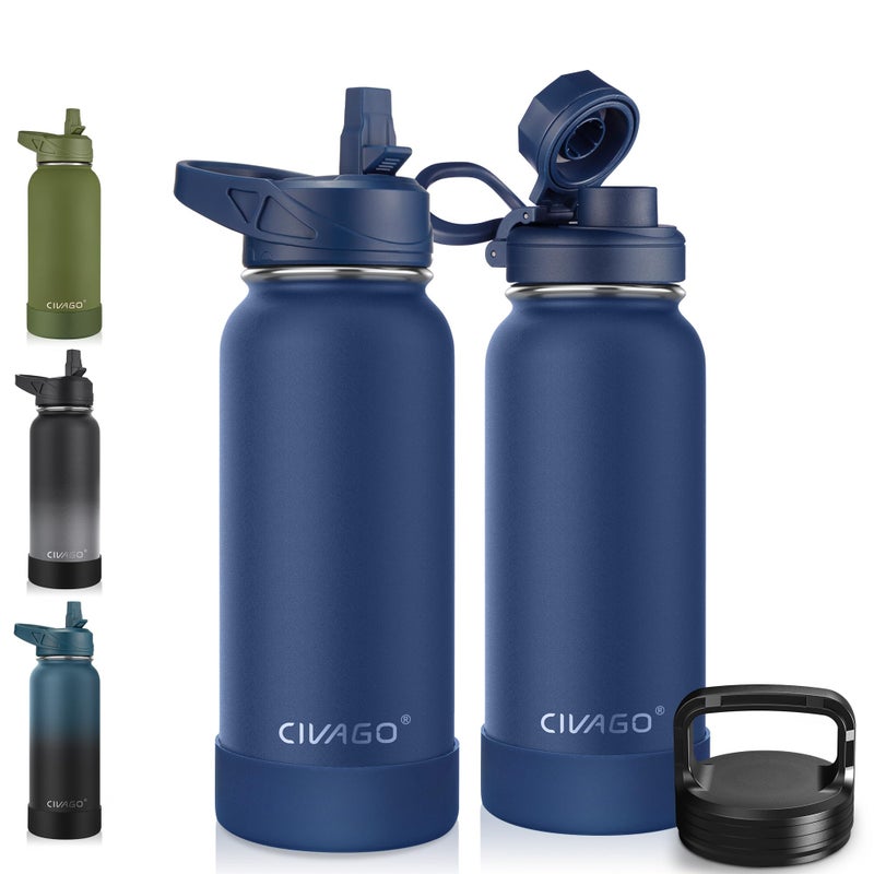 CIVAGO 32 oz Insulated Water Bottle With Straw Stainless Steel Sports Water Cup Flask with 3 Lids Straw Spout and Handle Lid Wide Mouth Travel Thermal Mug Navy Blue