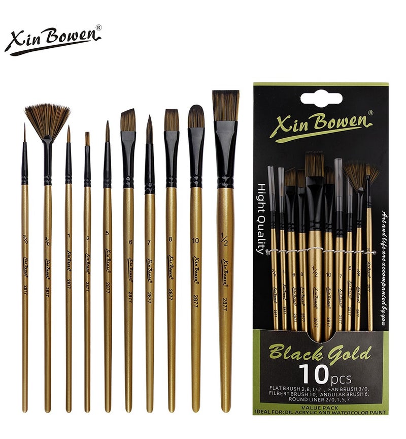 Xinbowen 10 Pcs Paint Brush Set, Selected Nylon Bristles Art Brushes, Round Pointed Tip Mixed Head Painting Brushes for Acrylic Oil Watercolor, School Art Class, DIY Crafts, Artists Beginners and Students - Image 1