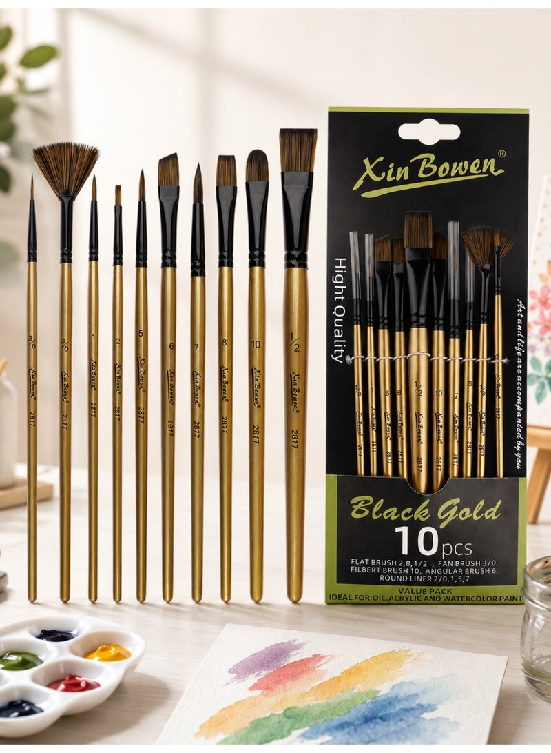 Xinbowen 10 Pcs Paint Brush Set, Selected Nylon Bristles Art Brushes, Round Pointed Tip Mixed Head Painting Brushes for Acrylic Oil Watercolor, School Art Class, DIY Crafts, Artists Beginners and Students - Image 1