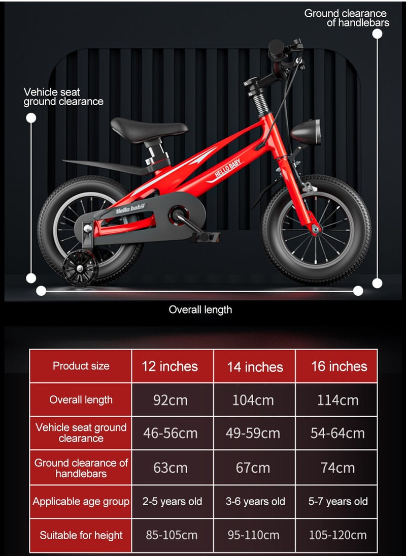 14 inch Bicycle for Kids, Lightweight Magnesium Alloy Kids Bicycle, with Flashing Training Wheels, Adjustable Seat and Headlight, for Children 2-7 Year Boys and Girls