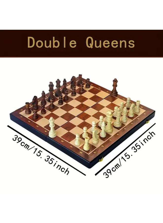 مجموعة شطرنج فاخرة من الخشب الصلب مع ملكتين إضافيتين - لوح قابل للطي 15x35 بوصة - هدية مثالية - Image 3