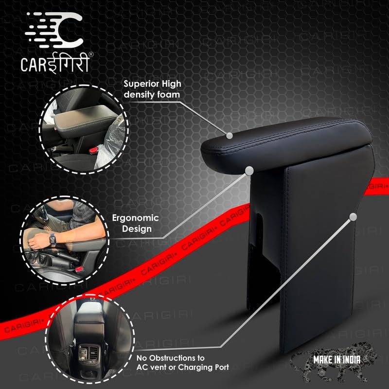 Carigiri Premium Finish Car Armrest with Storage Box And High Density Moulded Foam For Tata Tiago/Tiago Facelift/Tiago 2025 (Black With Black Double Stitching,Nappa Leatherette) - Image 3