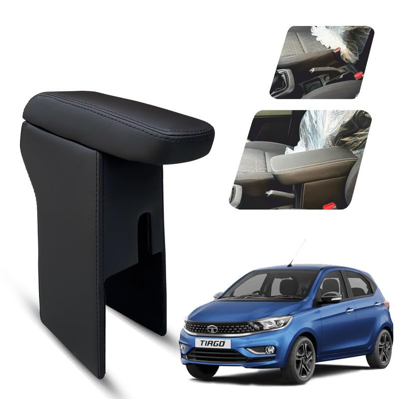 Carigiri Premium Finish Car Armrest with Storage Box And High Density Moulded Foam For Tata Tiago/Tiago Facelift/Tiago 2025 (Black With Black Double Stitching,Nappa Leatherette) - Image 1