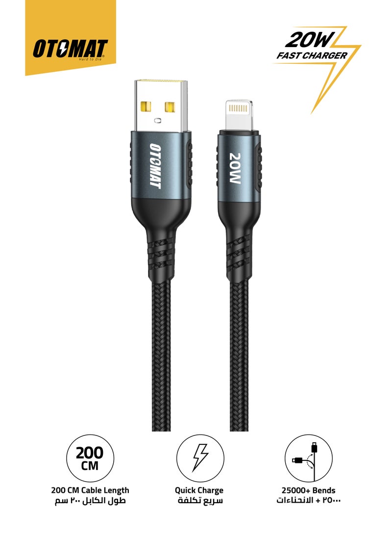 OTOMAT 20W Fast Charging Cable – USB to Lightning, 2M Cable, iPhone Charger, iPad Charger, High-Speed Data Transfer, Quick Charge for iPhone 14/13/12/11/XS, iPad 9 & All Lightning Devices – Nylon Braided - Black - Image 1