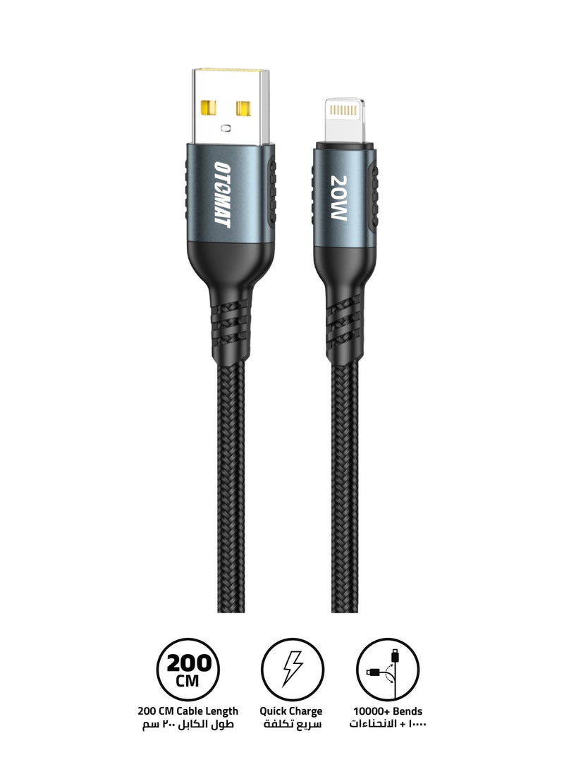 OTOMAT 20W Fast Charging USB to Lightning Cable 2M – Hi-Speed Data Transfer, Nylon Braided with Aluminum Alloy for iPad, iPhone 14/14 Plus/ 14 Pro/14 Pro Max/iPhone 13/12/XS/Pro Max /Pro/ ipad 9 - Black  - Image 1