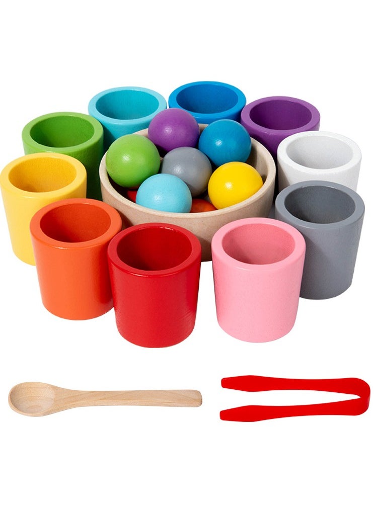 LCAREMOM - 10 Balls Colour Sorting Toys for Toddlers, Balls in Cups Montessori Wooden Toy, Early Education Colour Sorting Game, Develop Kids' Hands - On Skills and Mental Abilities, Wood Sensory Puzzle Toys Matching Game with Sorting Bowls for Kids Counting - Image 1