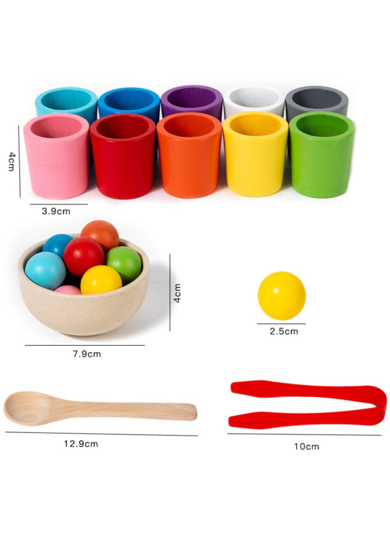 LCAREMOM - 10 Balls Colour Sorting Toys for Toddlers, Balls in Cups Montessori Wooden Toy, Early Education Colour Sorting Game, Develop Kids' Hands - On Skills and Mental Abilities, Wood Sensory Puzzle Toys Matching Game with Sorting Bowls for Kids Counting - Image 1
