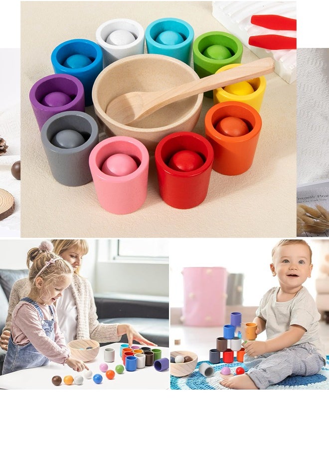LCAREMOM - 10 Balls Colour Sorting Toys for Toddlers, Balls in Cups Montessori Wooden Toy, Early Education Colour Sorting Game, Develop Kids' Hands - On Skills and Mental Abilities, Wood Sensory Puzzle Toys Matching Game with Sorting Bowls for Kids Counting - Image 1
