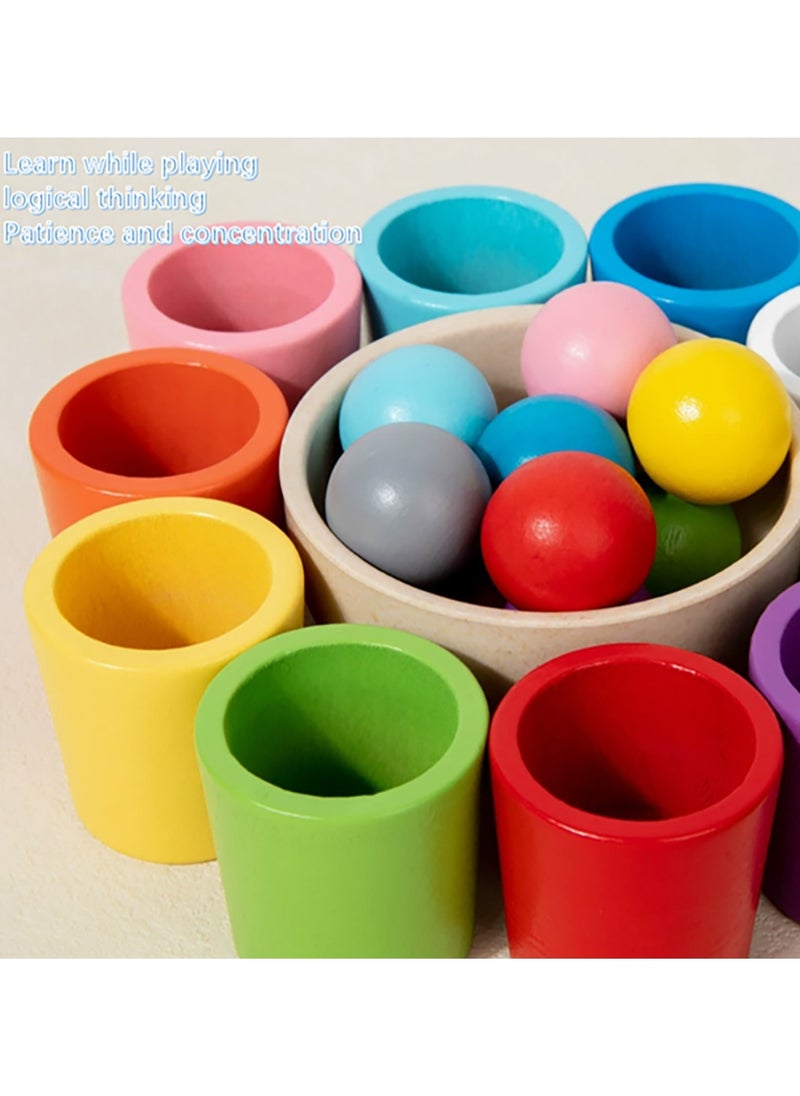 LCAREMOM - 10 Balls Colour Sorting Toys for Toddlers, Balls in Cups Montessori Wooden Toy, Early Education Colour Sorting Game, Develop Kids' Hands - On Skills and Mental Abilities, Wood Sensory Puzzle Toys Matching Game with Sorting Bowls for Kids Counting - Image 1