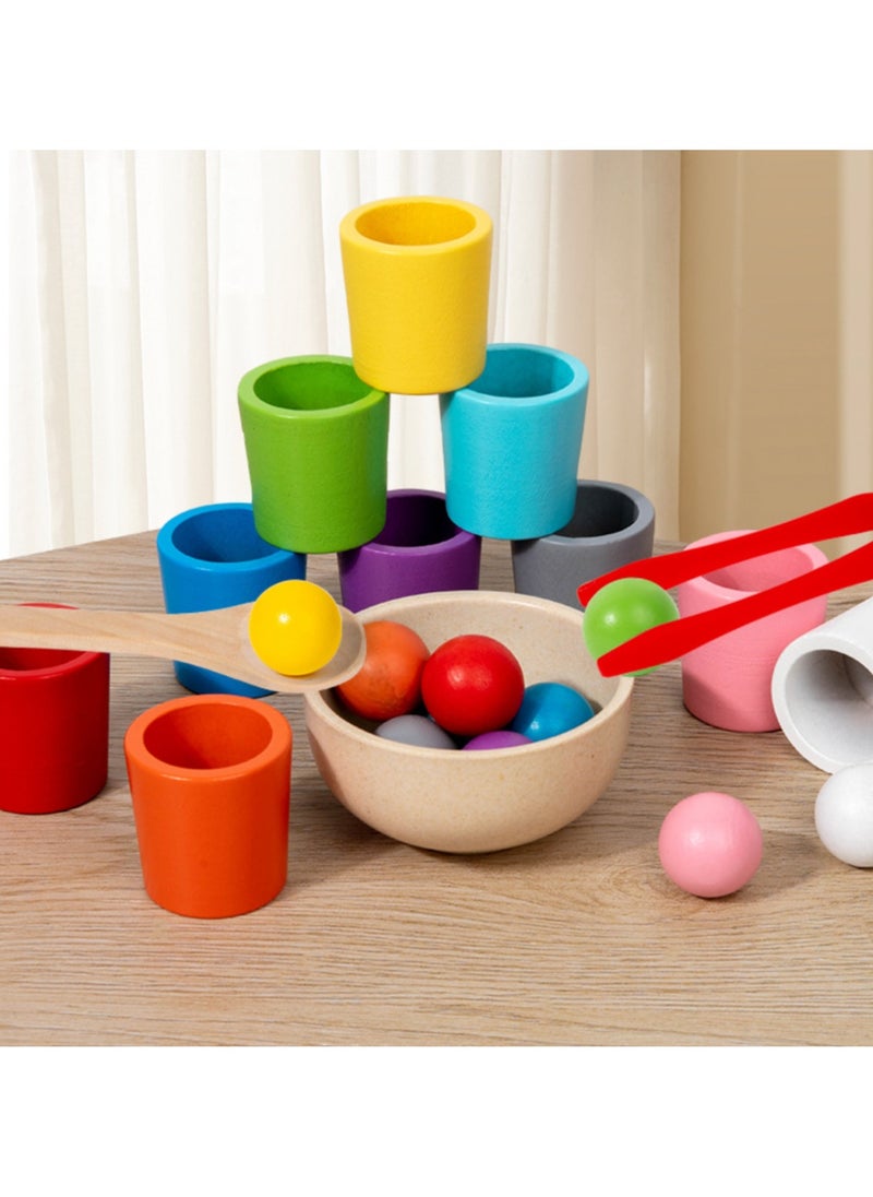 LCAREMOM - 10 Balls Colour Sorting Toys for Toddlers, Balls in Cups Montessori Wooden Toy, Early Education Colour Sorting Game, Develop Kids' Hands - On Skills and Mental Abilities, Wood Sensory Puzzle Toys Matching Game with Sorting Bowls for Kids Counting - Image 1