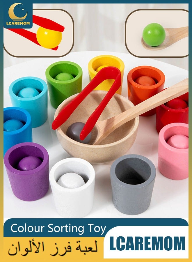 LCAREMOM 10 Balls Colour Sorting Toys for Toddlers, Balls in Cups Montessori Wooden Toy, Early Education Colour Sorting Game, Develop Kids' Hands - On Skills and Mental Abilities, Wood Sensory Puzzle Toys Matching Game with Sorting Bowls for Kids Counting - Image 1