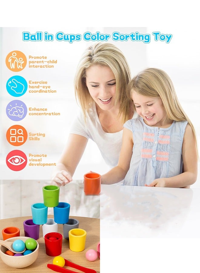 LCAREMOM 10 Balls Colour Sorting Toys for Toddlers, Balls in Cups Montessori Wooden Toy, Early Education Colour Sorting Game, Develop Kids' Hands - On Skills and Mental Abilities, Wood Sensory Puzzle Toys Matching Game with Sorting Bowls for Kids Counting - Image 2
