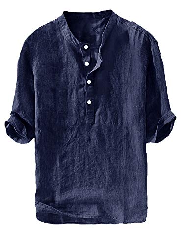 Ryannology Mens Linen Shirts Henley 3/4 Sleeve Casual Cotton T-Shirt Regular-Fit Lightweight Beach Yoga Tunic Tops - Image 5