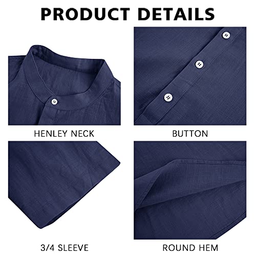 Ryannology Mens Linen Shirts Henley 3/4 Sleeve Casual Cotton T-Shirt Regular-Fit Lightweight Beach Yoga Tunic Tops - Image 2