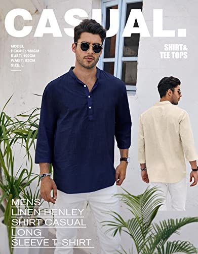Ryannology Mens Linen Shirts Henley 3/4 Sleeve Casual Cotton T-Shirt Regular-Fit Lightweight Beach Yoga Tunic Tops - Image 3
