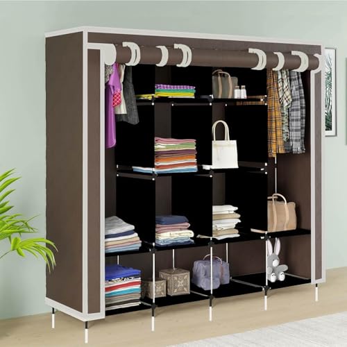 GTC 12-Shelf Collapsible Wardrobe – Portable Foldable Brown Almirah with Plastic Frame, Fancy Layer Rack for Clothes Organizer (Model 88370) - Image 1