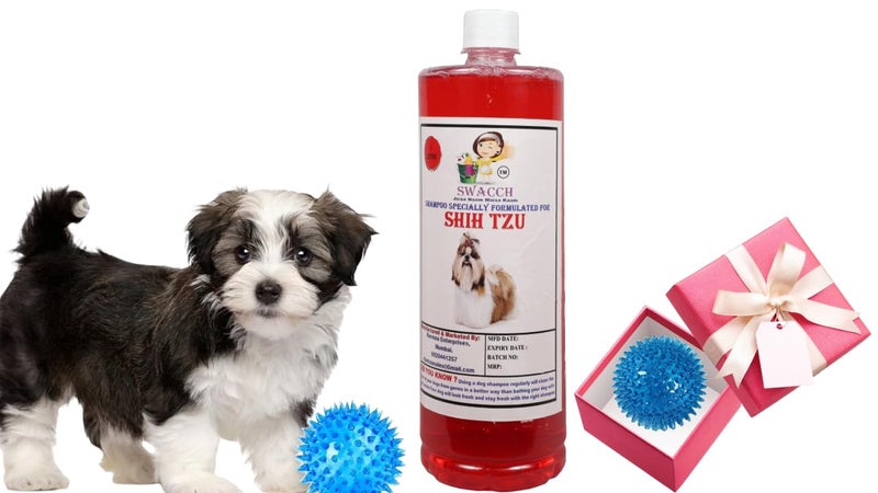 swacch Shampoo | Puppy Safe Shampoo | PH Balanced | Ditch to Itch for Shih Tzu Dog Shampoo 1 Litre (Strawberry) + Spike Ball Chew Toy Combo Pack - Image 1