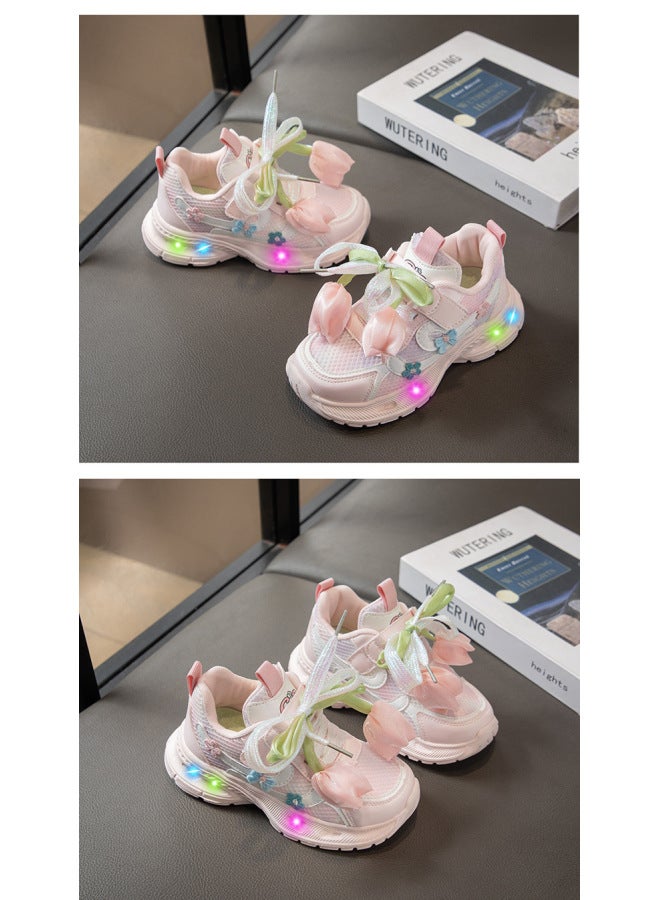 Children's Sports Shoes  Spring And Autumn New Breathable Mesh Girls' Princess Style Lighted Sports Shoes For Middle And Large Children