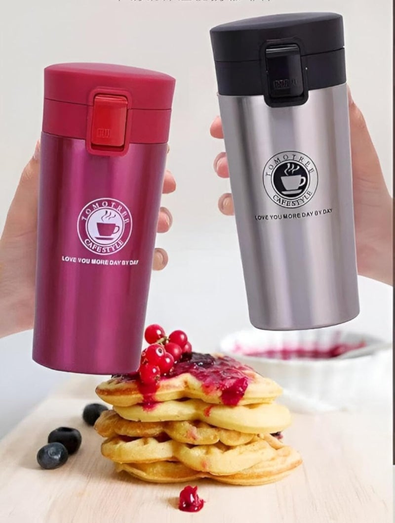 Coffee Mug - Stainless steel compact insulated travel cup with flip top lid, one handed easy sip, anti spill, excellent for hot coffee or iced drinks, lightweight and reusable 380ml