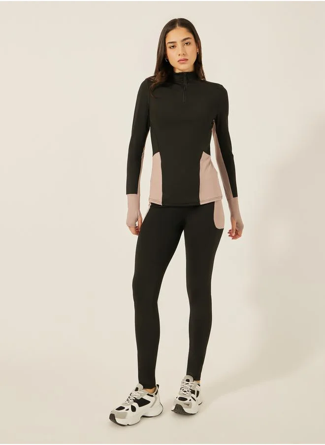 ستايلي COLORBLOCK HALF ZIP THUMBHOLE LS TOP and LEGGING ACTIVE SET